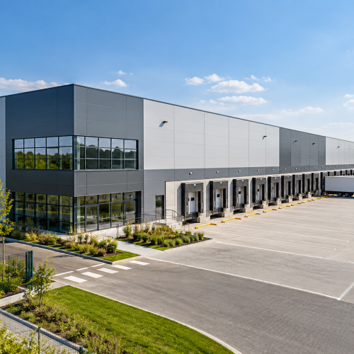 Modern Logistics Warehouse Under Clear Skies